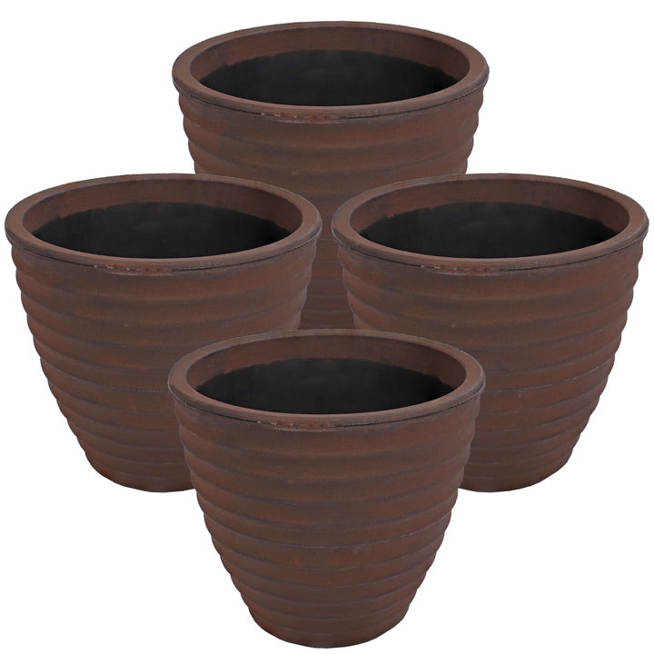 Sunnydaze 16 in Ribbed Polyresin Outdoor Planter - Rust - Set of 4 Image 1