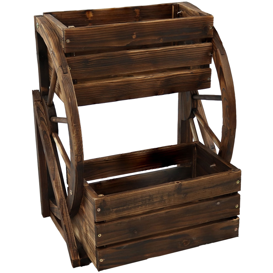 Sunnydaze 2-Tier Fir Wood Wagon Wheel Planter - Charred Fir Image 1