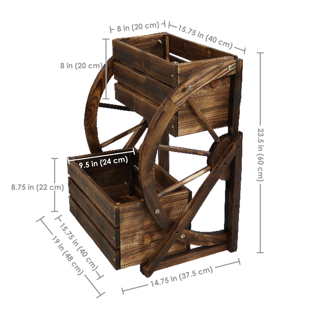 Sunnydaze 2-Tier Fir Wood Wagon Wheel Planter - Charred Fir Image 3