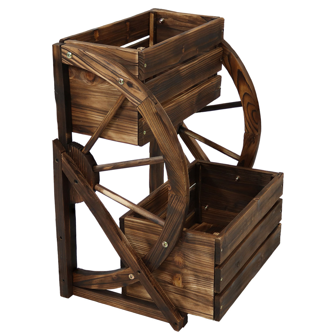 Sunnydaze 2-Tier Fir Wood Wagon Wheel Planter - Charred Fir Image 7