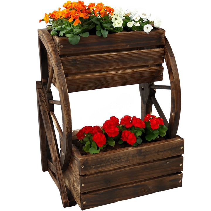 Sunnydaze 2-Tier Fir Wood Wagon Wheel Planter - Charred Fir Image 5