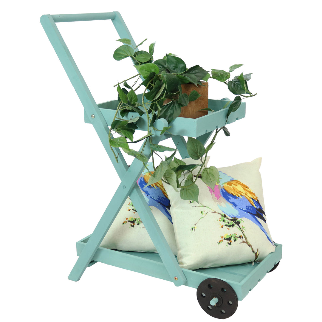 Sunnydaze 2-Tier Fir Wheeled Planter Stand - Robin Egg Blue Image 8