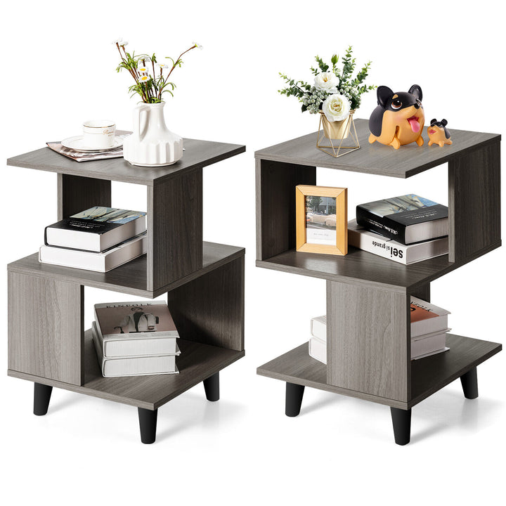 Costway 2 PCS Modern Side End Table Nightstand Set Wood Legs Storage Shelf Grey Image 1