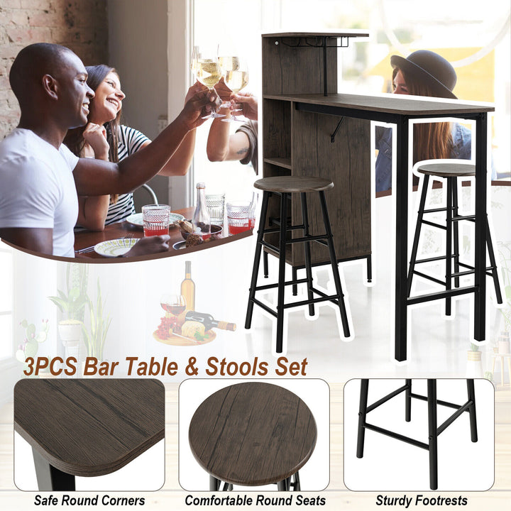 3PCS Bar Table and Chair Set, Industrial Pub Table and Stools with Wine Glass Image 4