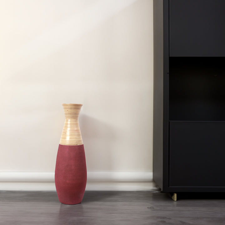 31.5 inch Tall Handcrafted Bamboo Floor Vase, Burgundy and Natural Finish, Decorative Accent, Large Floor Vase, Image 5
