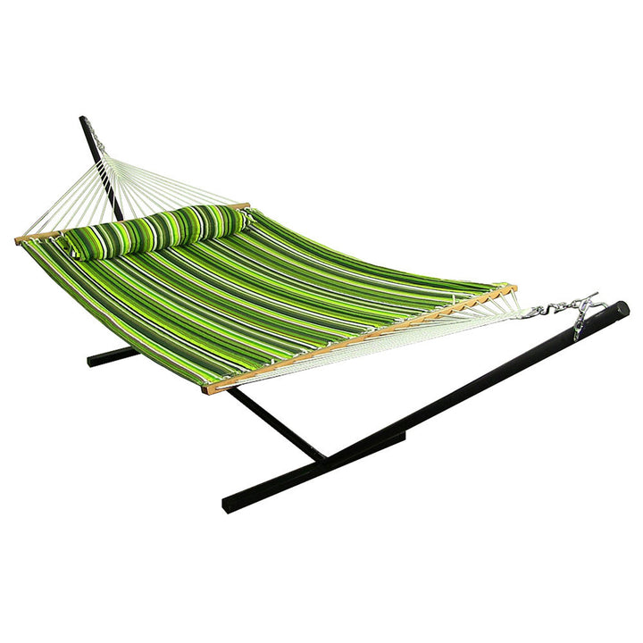 Sunnydaze 2-Person Quilted Fabric Hammock with Steel Stand - Melon Stripe Image 1