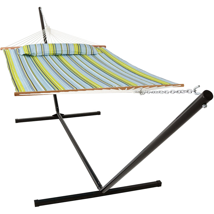 Sunnydaze 2-Person Quilted Fabric Hammock with Steel Stand - Blue/Green Image 1