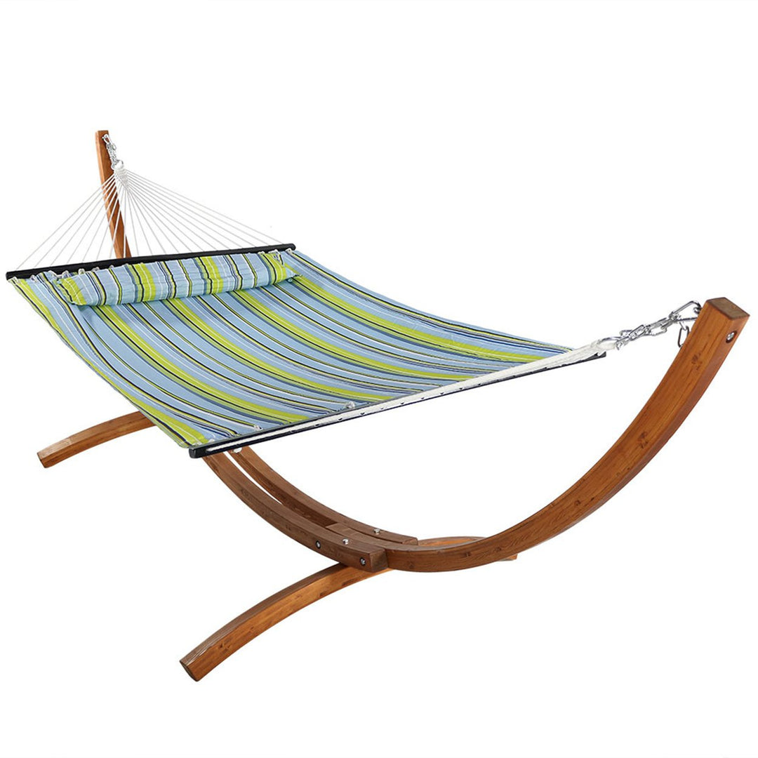 Sunnydaze 2-Person Quilted Hammock with Curved Wooden Stand - Blue/Green Image 1