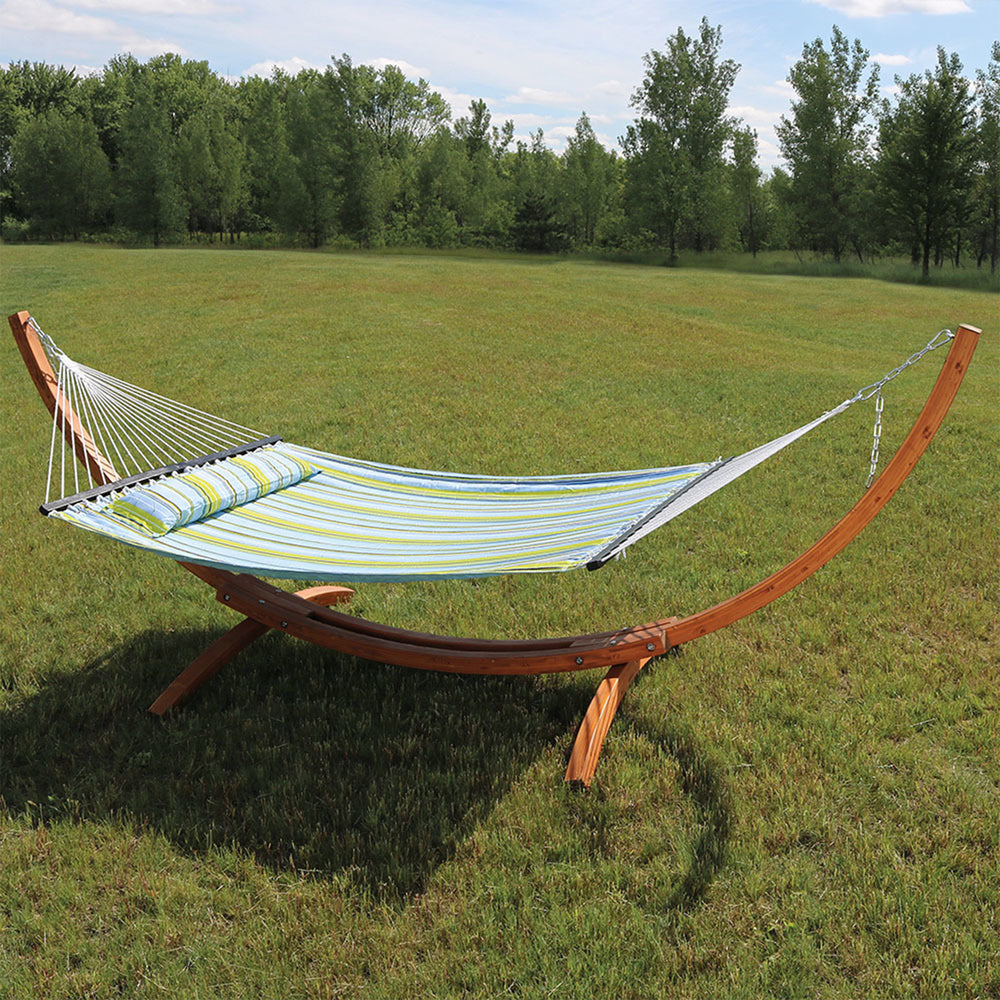 Sunnydaze 2-Person Quilted Hammock with Curved Wooden Stand - Blue/Green Image 2