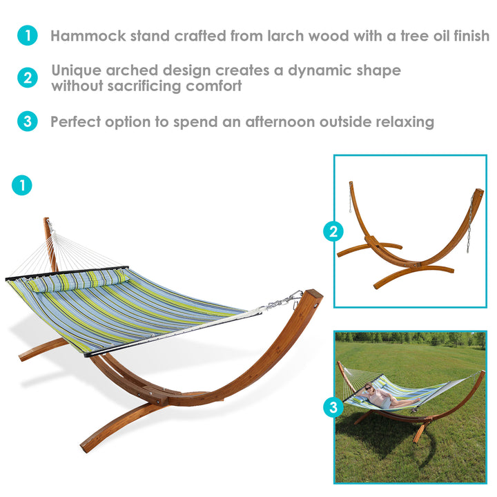 Sunnydaze 2-Person Quilted Hammock with Curved Wooden Stand - Blue/Green Image 4