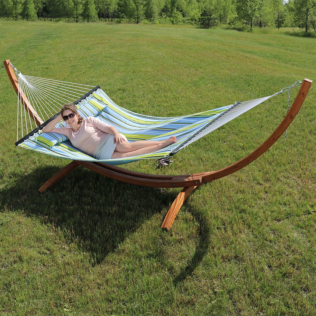 Sunnydaze 2-Person Quilted Hammock with Curved Wooden Stand - Blue/Green Image 8