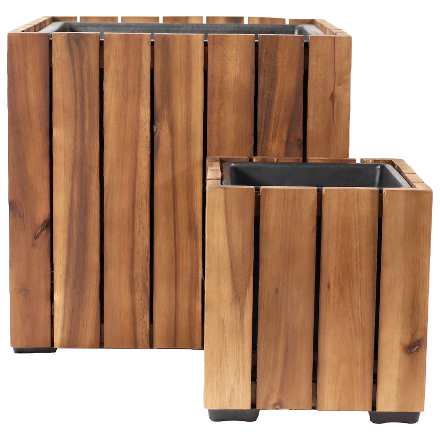 Sunnydaze 2-Piece Square Wood Planter Box with Liner - Light Brown Image 1