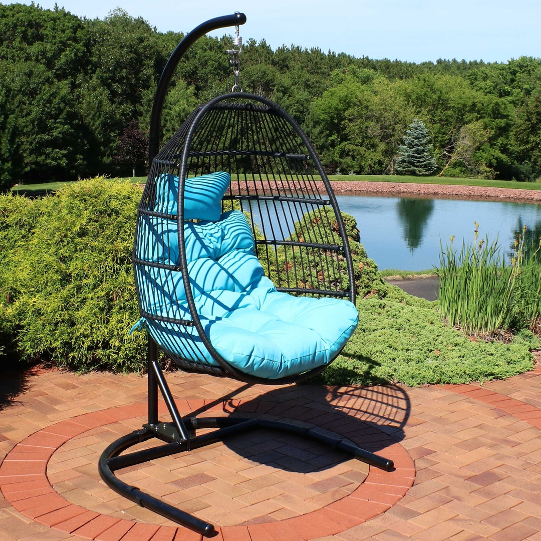 Sunnydaze Resin Wicker Hanging Egg Chair with Steel Stand/Cushions - Blue Image 4