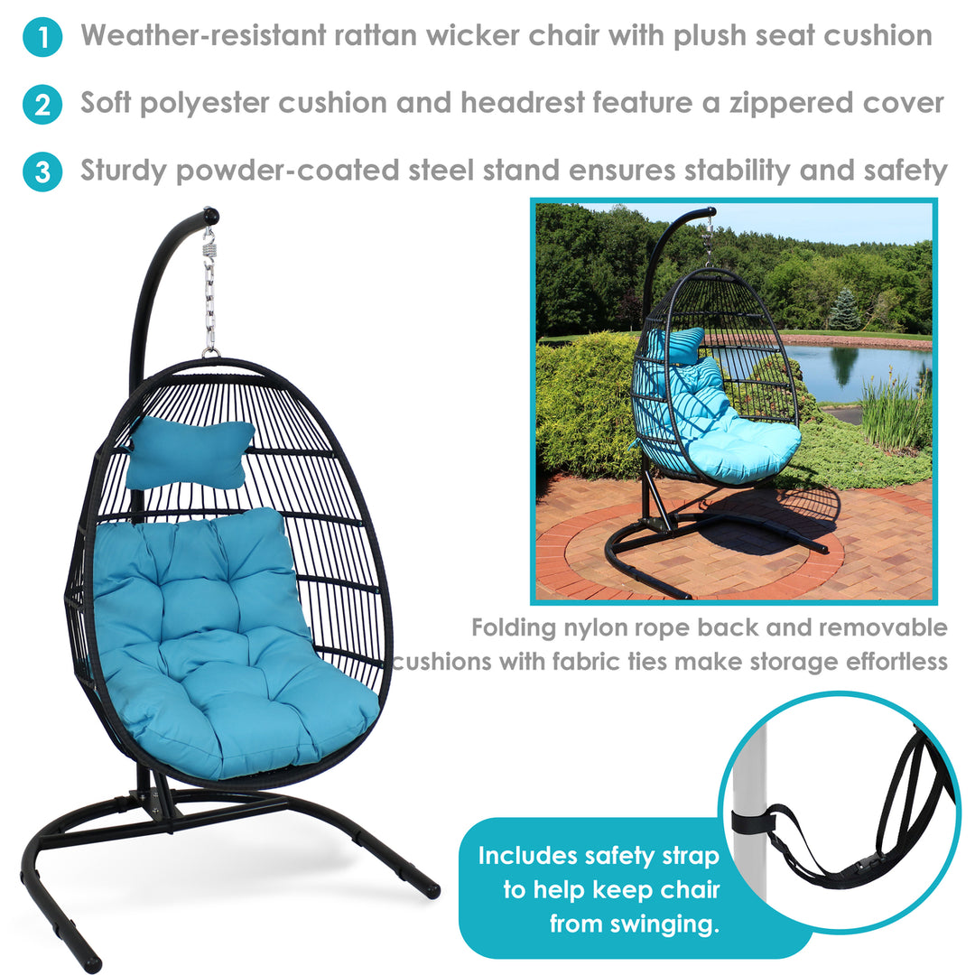 Sunnydaze Resin Wicker Hanging Egg Chair with Steel Stand/Cushions - Blue Image 2