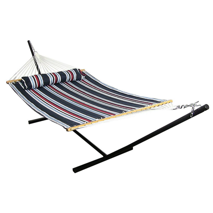 Sunnydaze Large Quilted Fabric Hammock with Steel Stand - Nautical Stripe Image 1