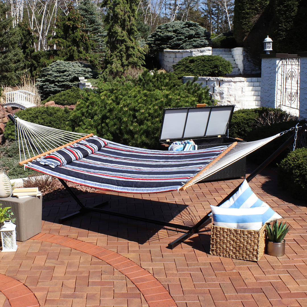 Sunnydaze Large Quilted Fabric Hammock with Steel Stand - Nautical Stripe Image 4