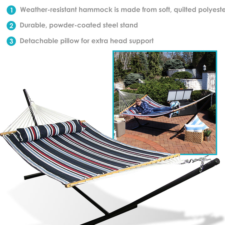 Sunnydaze Large Quilted Fabric Hammock with Steel Stand - Nautical Stripe Image 2