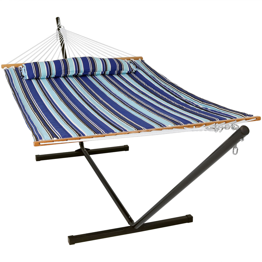 Sunnydaze 2-Person Quilted Fabric Hammock with Steel Stand - Catalina Beach Image 1