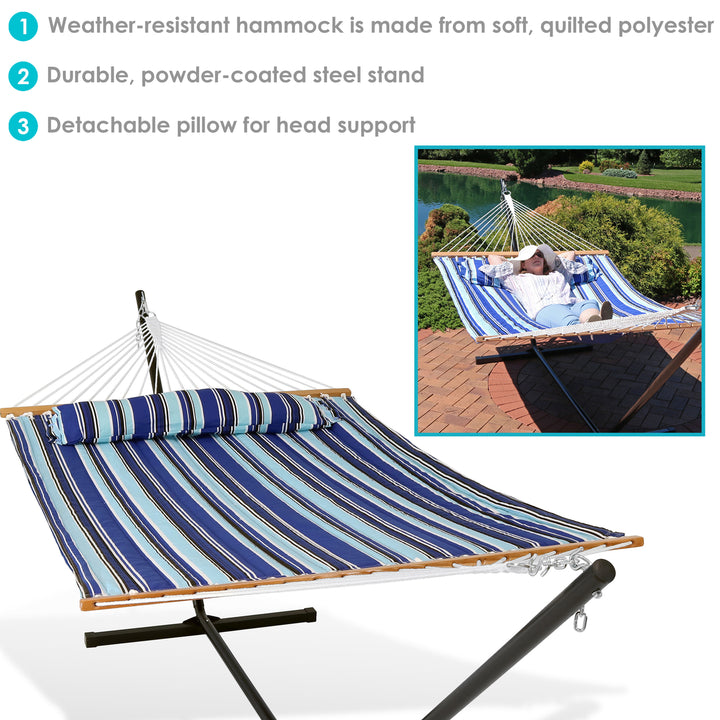 Sunnydaze 2-Person Quilted Fabric Hammock with Steel Stand - Catalina Beach Image 2