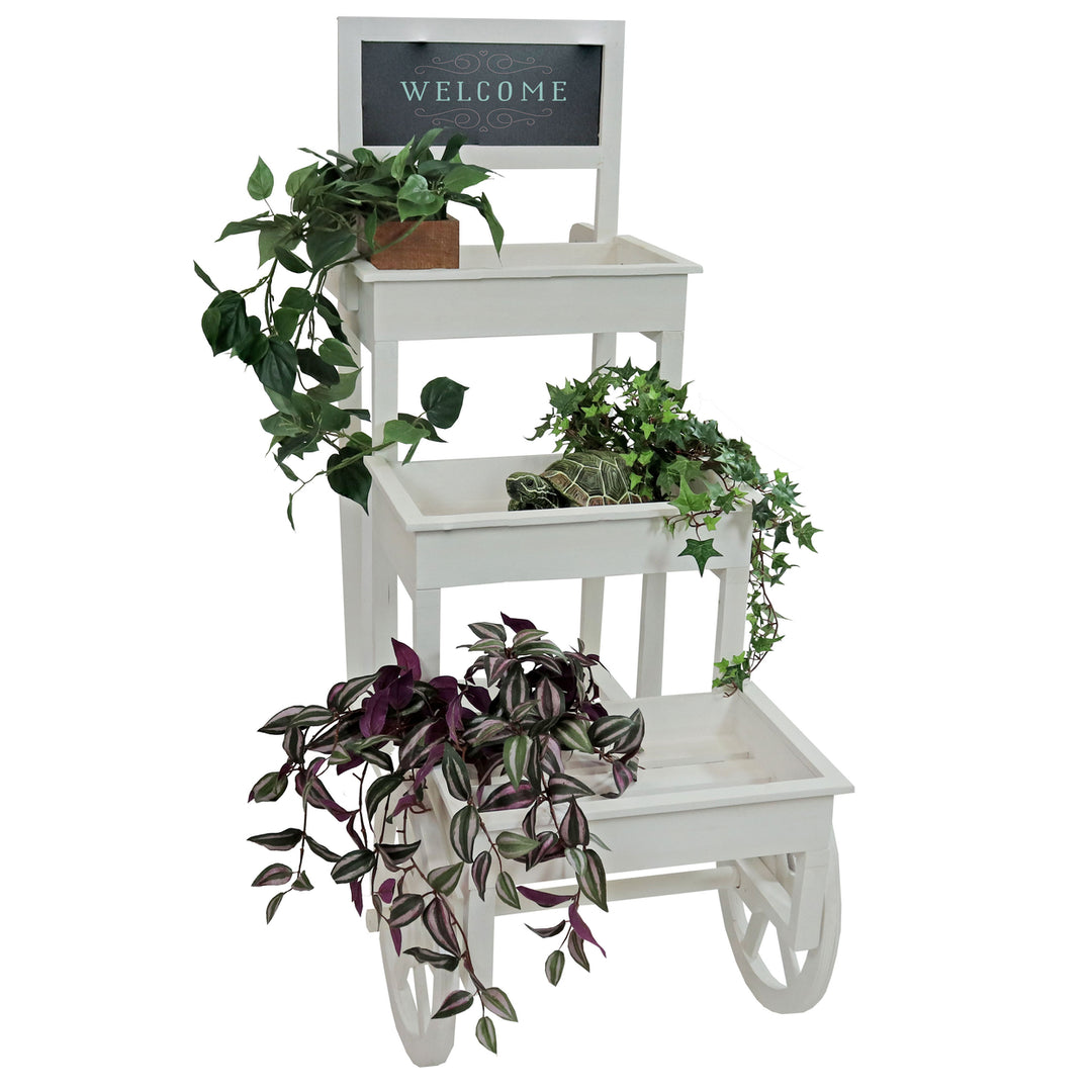 Sunnydaze 3-Tiered Fir Wood Plant Stand with Chalkboard - White Image 11