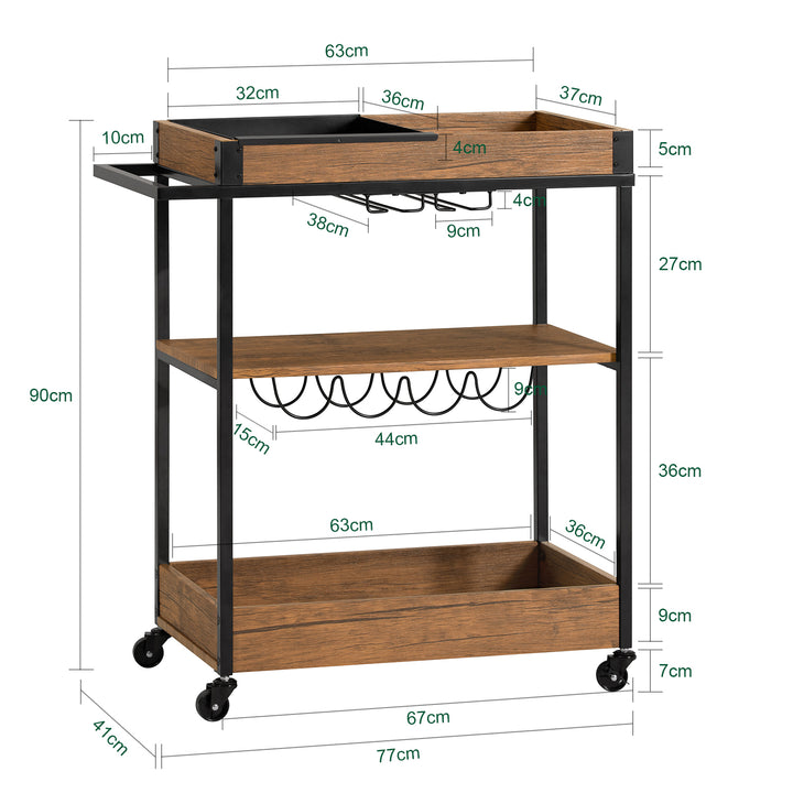 Haotian SVW19-N, Bar Cart with 3 Shelves and 1 Removable Tray Kitchen Trolley Image 2