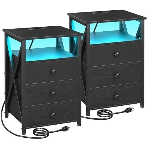 Smart Night Stands LED 2 Set End Bed Side Table 3 Drawers w/Wireless Charger Station Image 3