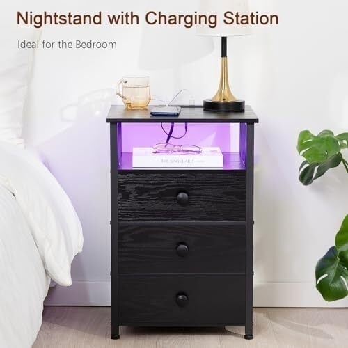 Smart Night Stands LED 2 Set End Bed Side Table 3 Drawers w/Wireless Charger Station Image 5