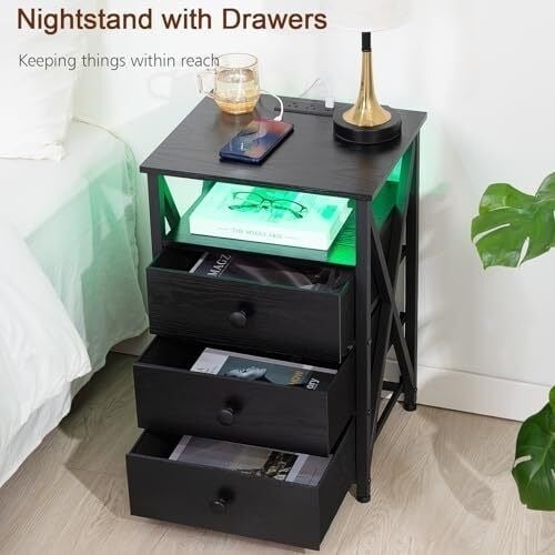 Smart Night Stands LED 2 Set End Bed Side Table 3 Drawers w/Wireless Charger Station Image 7