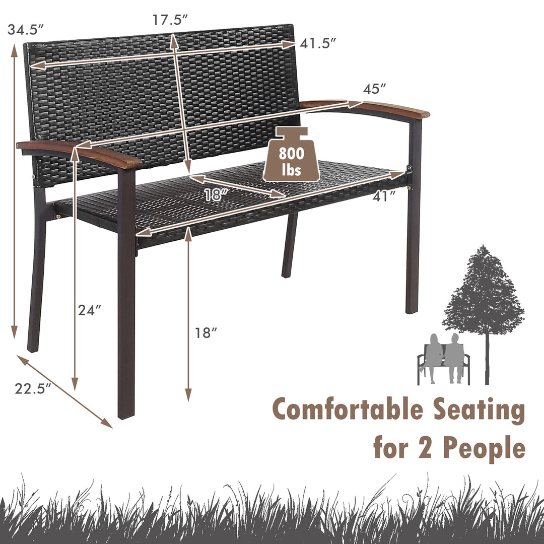 Outdoor Patio Rattan Wicker Bench Loveseat Chair Armrest Garden Deck Image 4