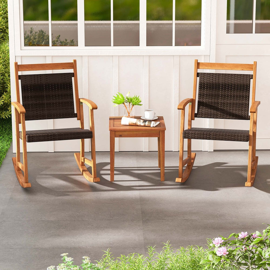 3PCS Patio Rattan Rocking Chair Bistro Set Acacia Wood Frame Armrest Image 1