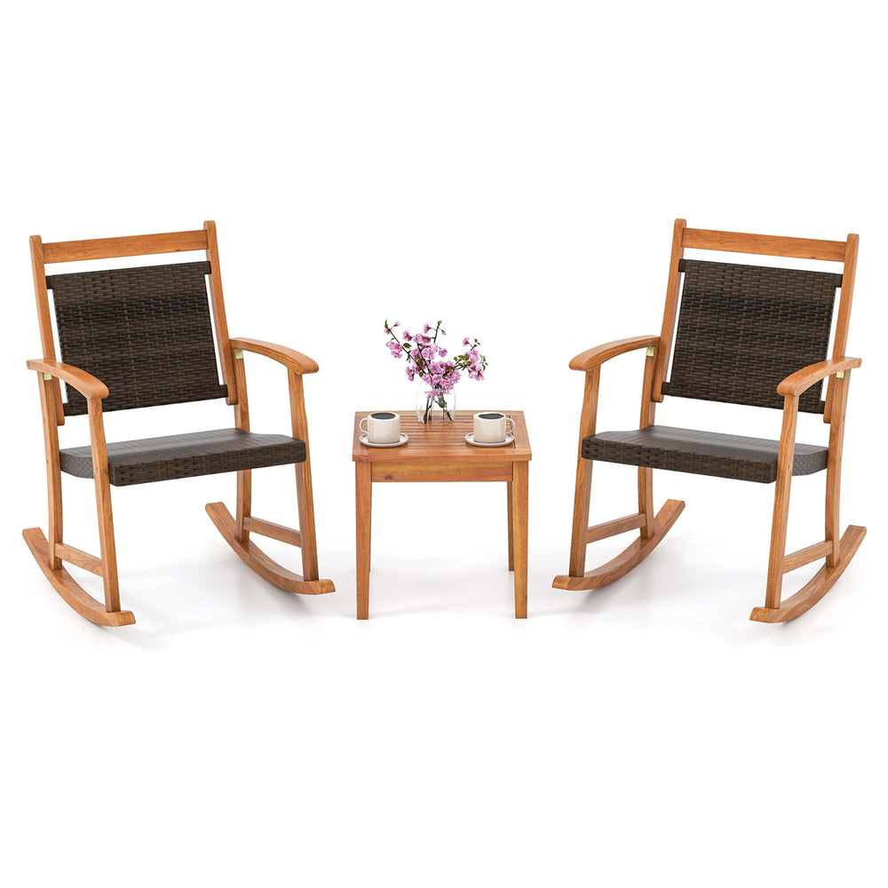 3PCS Patio Rattan Rocking Chair Bistro Set Acacia Wood Frame Armrest Image 2