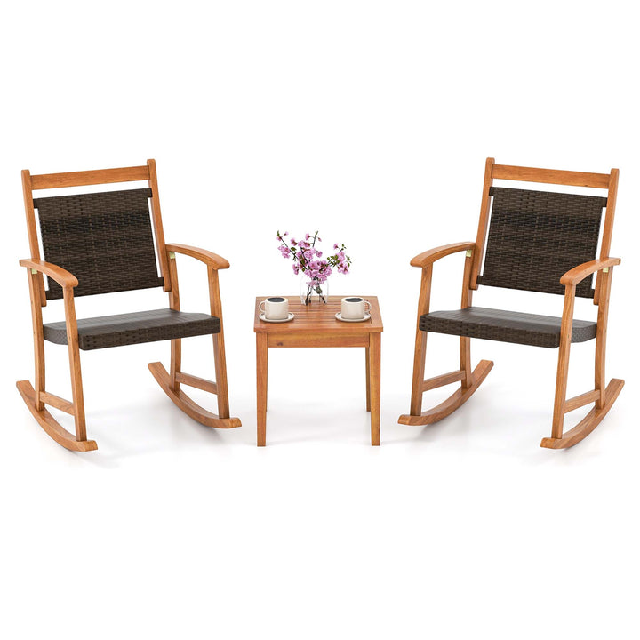 3PCS Patio Rattan Rocking Chair Bistro Set Acacia Wood Frame Armrest Image 2