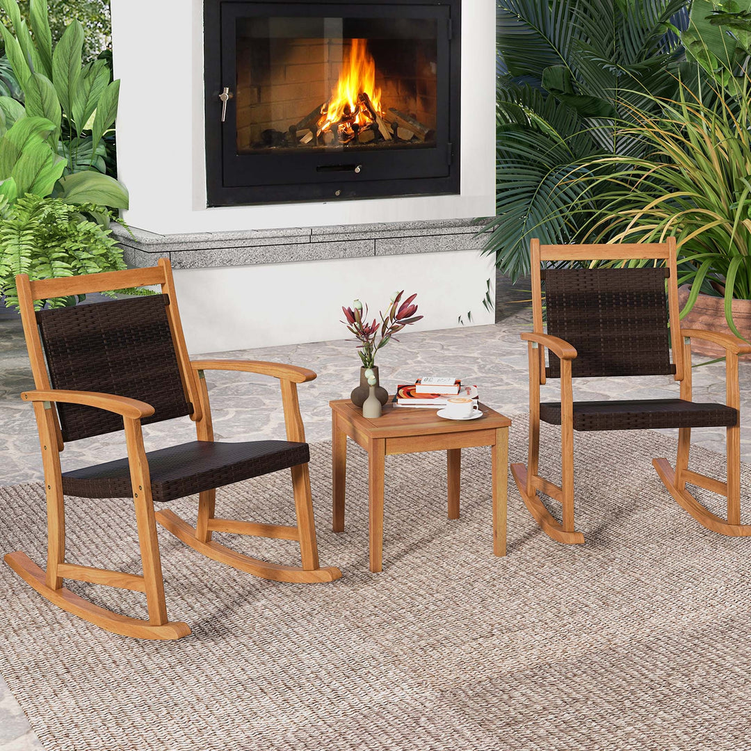 3PCS Patio Rattan Rocking Chair Bistro Set Acacia Wood Frame Armrest Image 4