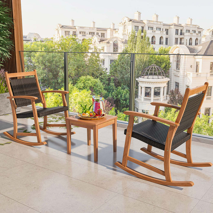 3PCS Patio Rattan Rocking Chair Bistro Set Acacia Wood Frame Armrest Image 5