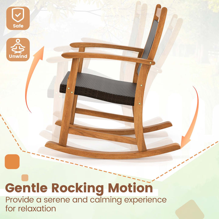 3PCS Patio Rattan Rocking Chair Bistro Set Acacia Wood Frame Armrest Image 6