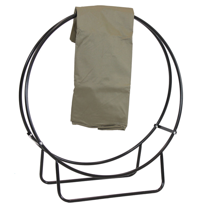 Sunnydaze 40 in Powder-Coated Steel Firewood Log Hoop Rack with Khaki Cover Image 1