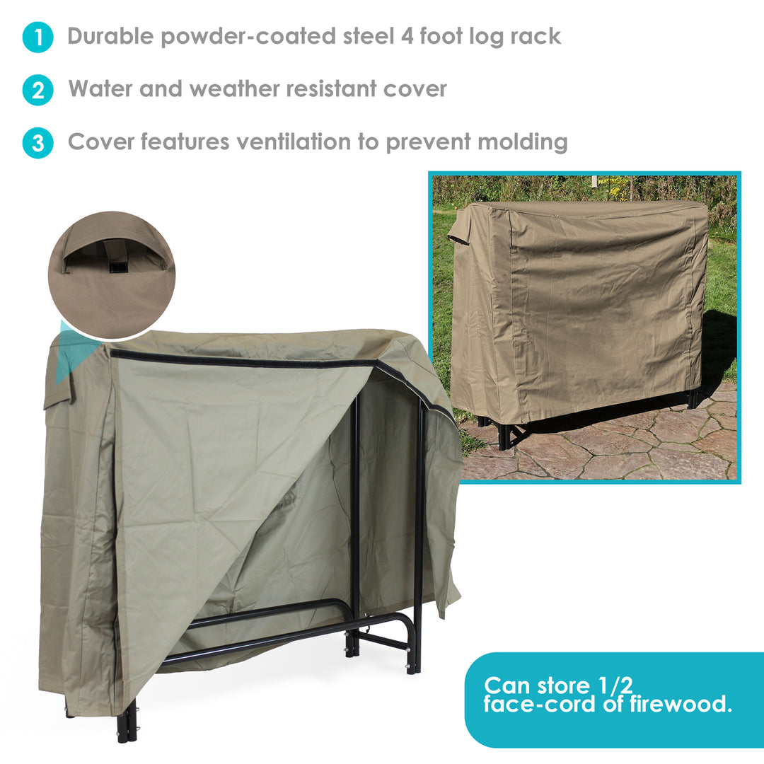 Sunnydaze 4 ft Powder-Coated Steel Firewood Log Rack with Khaki Cover Image 4