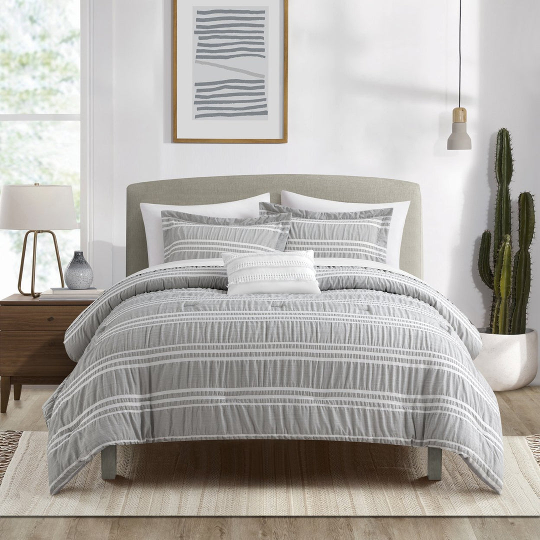 Ada 4 or 3 Piece Comforter Set - Seersucker Fabric with Striped Design and Poly-Silk Filling Image 1