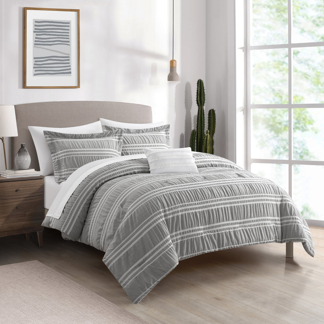 Ada 4 or 3 Piece Comforter Set - Seersucker Fabric with Striped Design and Poly-Silk Filling Image 4