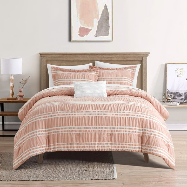 Ada 4 or 3 Piece Comforter Set - Seersucker Fabric with Striped Design and Poly-Silk Filling Image 5
