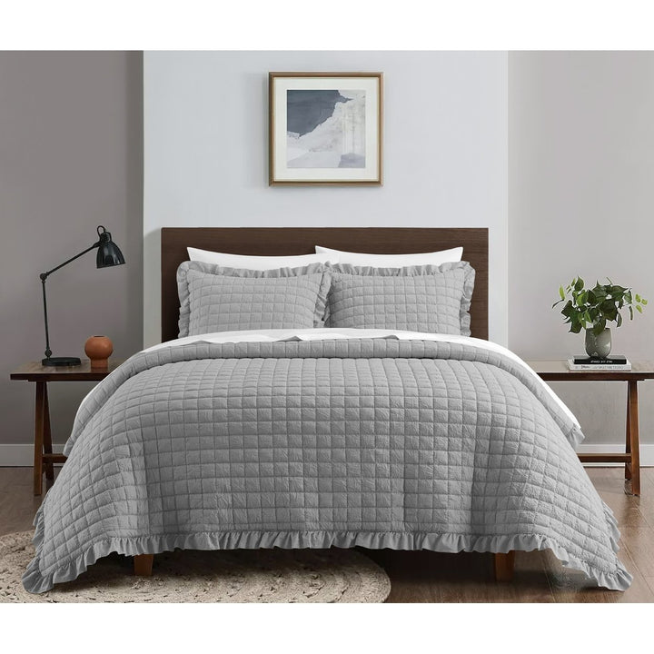 Sharlette 3 Piece Quilt Coverlet Set, Diamond Stitched Crinkle Crush Fabric with Fringe Border Image 1