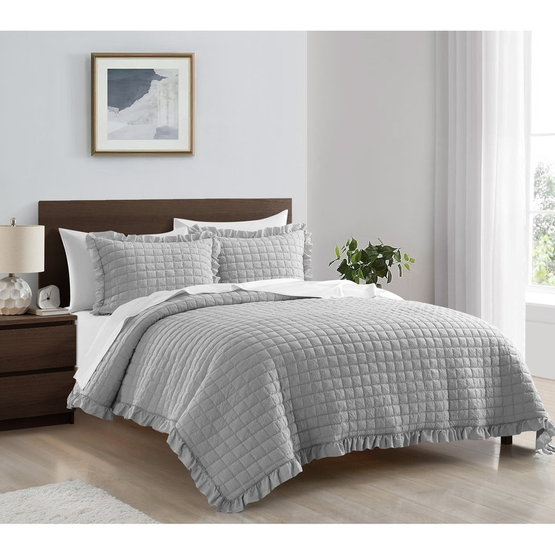 Sharlette 3 Piece Quilt Coverlet Set, Diamond Stitched Crinkle Crush Fabric with Fringe Border Image 2