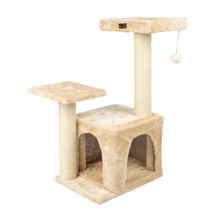 Armarkat Cat Tree A3207 Beige 32-inch Real Wood Three-Level Scratching Post Image 1