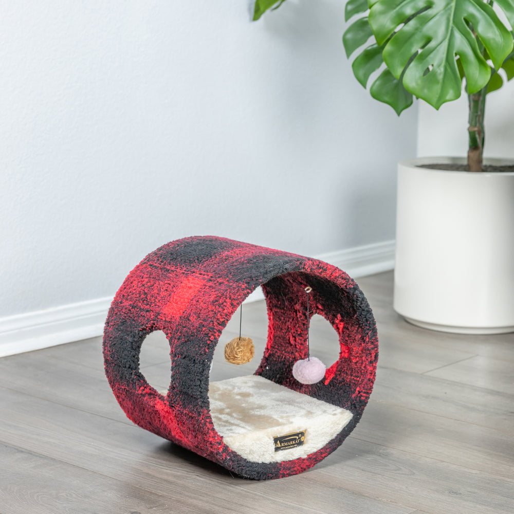 Armarkat B1201 Cat Tunnel Hideaway Red Black Scotch Plaid Real Wood 12in Image 2