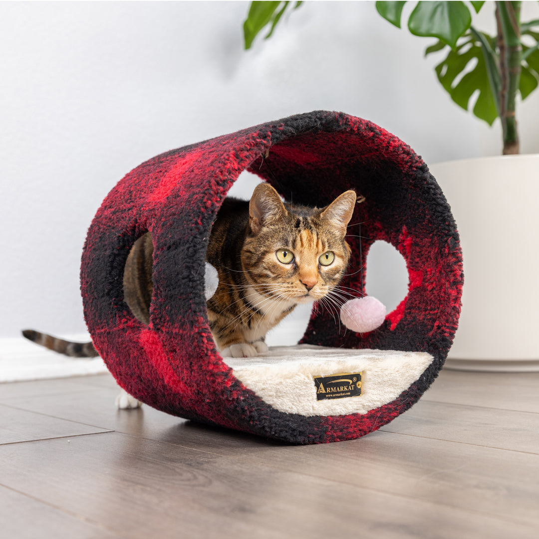 Armarkat B1201 Cat Tunnel Hideaway Red Black Scotch Plaid Real Wood 12in Image 3