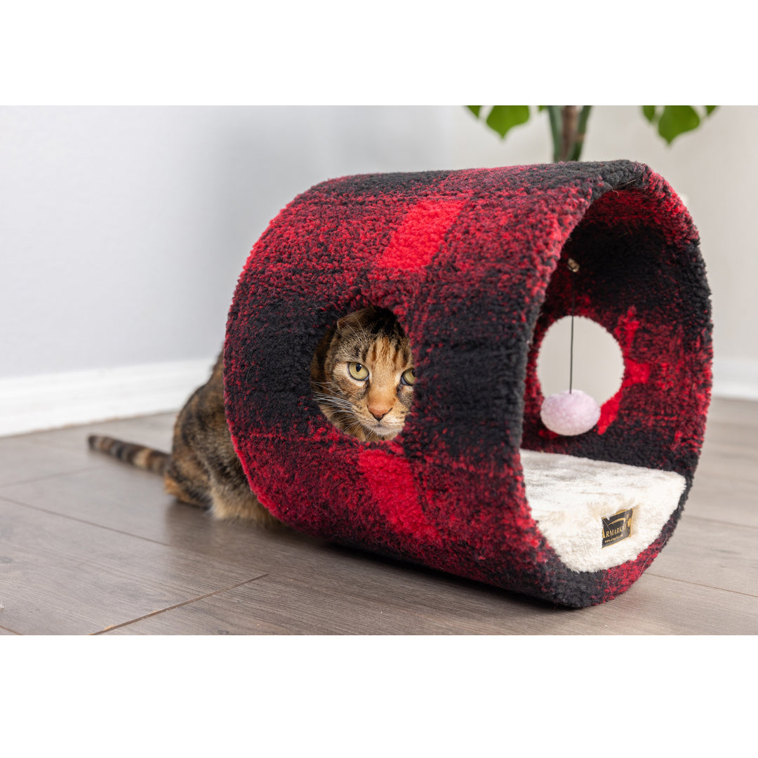 Armarkat B1201 Cat Tunnel Hideaway Red Black Scotch Plaid Real Wood 12in Image 4