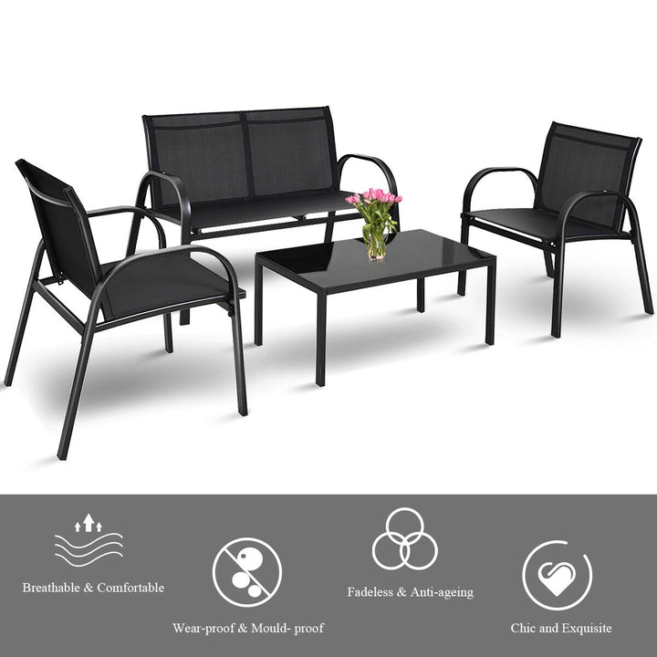 4 PCS Patio Furniture Set Sofa Coffee Table Steel Frame Garden Deck Black Image 7