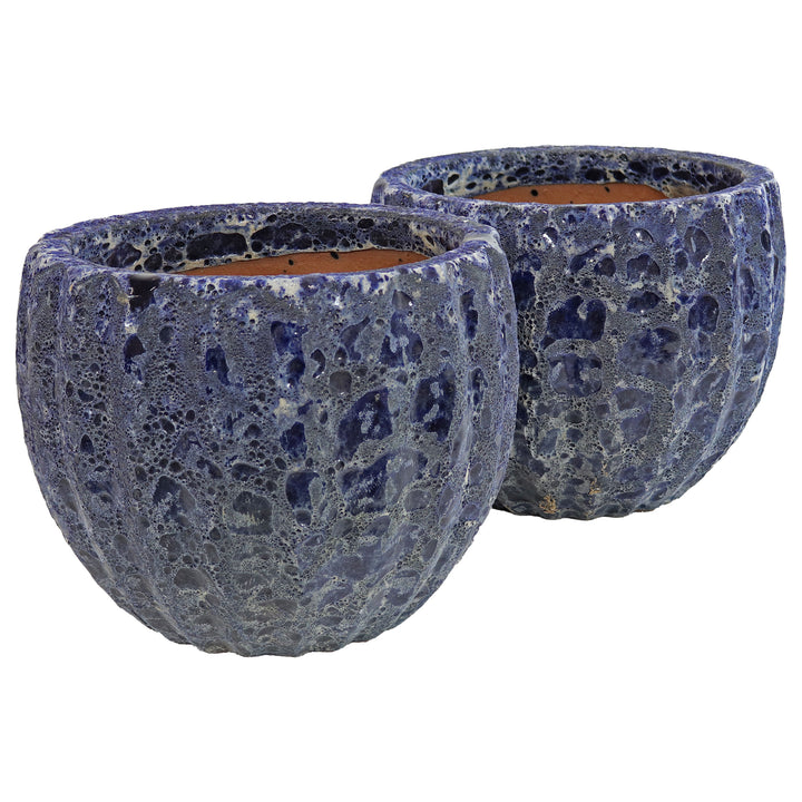 Sunnydaze 10" Round Fluted Lava Finish Planter - Dark Blue - Set of 2 Image 1