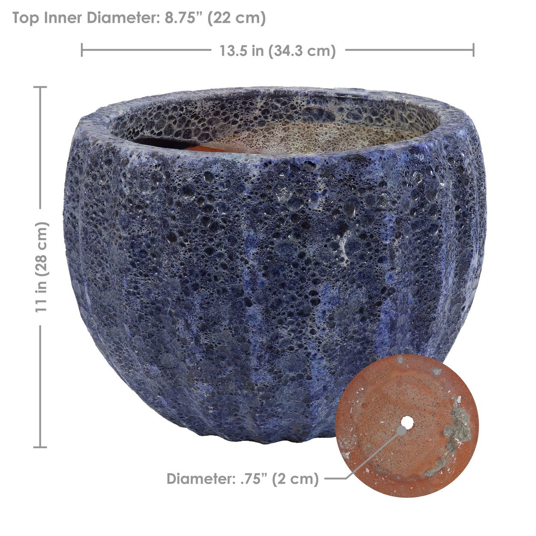 Sunnydaze 13.5" Fluted Lava Finish Ceramic Planter - Dark Blue Image 3