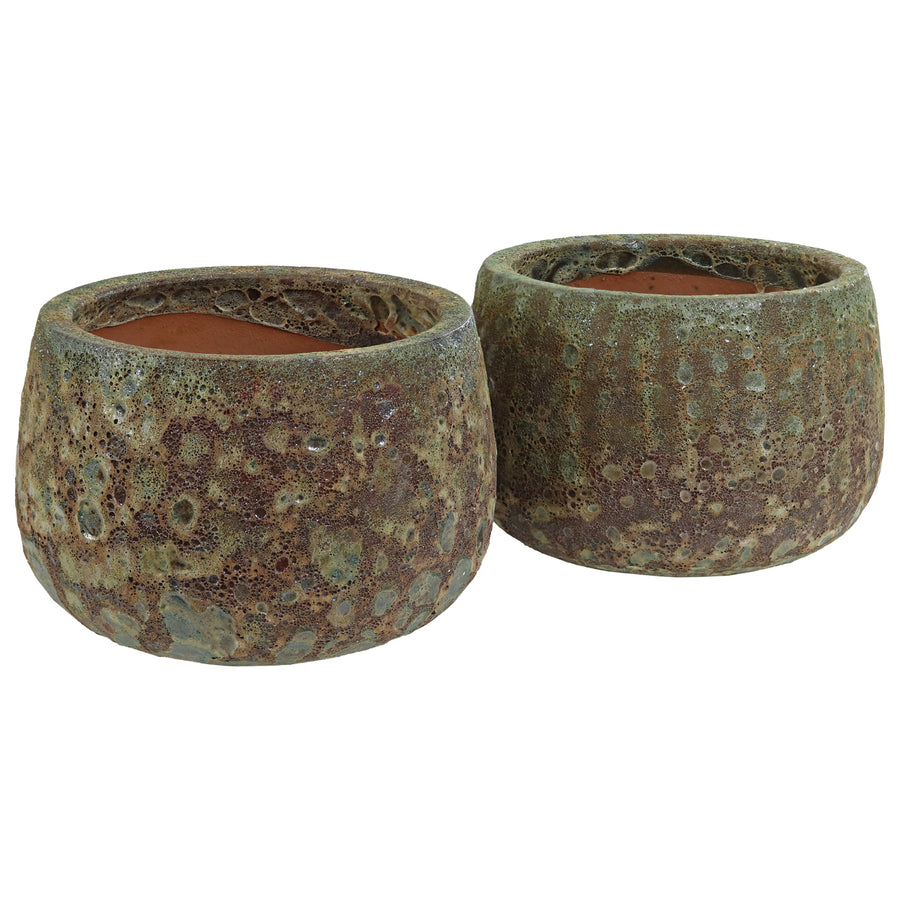 Sunnydaze 10" Lava Finish Planter - Green Distressed Ceramic - 2-Pack Image 1